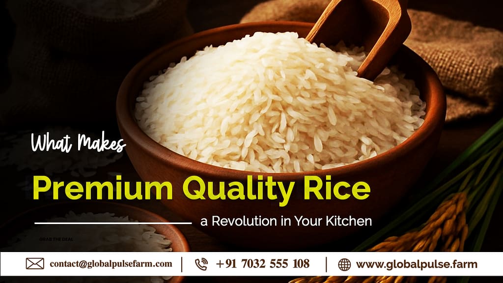 A bowl of premium quality white rice with a wooden scoop, surrounded by grains and rice plants, featuring the text 'What Makes Premium Quality Rice a Revolution in Your Kitchen' and contact information for Global Pulse Farm